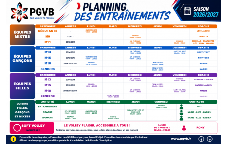 Le planning des entrainement est là !!!